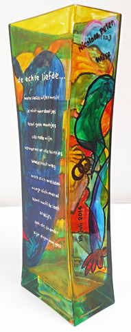 Glazen vaas beschilderd met glasverfin opdracht uitgevoerd, voor huwelijk, verjaardag, kado relatiegeschenk, kunstkado