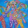 Schilderij Blazers van Twan de Vos, drie muzikanten spelen samen in een trio, een orkest en spelen allemaal een blaasinstrument