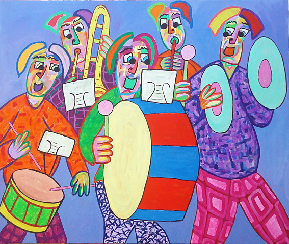 Painting Fanfare by Twan de Vos, drums, bass drum, cymbals and wind instruments, an orchestra travels through the streets