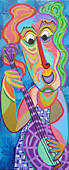 Schilderij Speelplezier van Twan de Vos, vrouw speelt met enorm veel plezier op een snaarinstrument, gitaar, bas