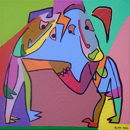 Kubistisch schilderij van een eerste afspraak, spannend, acryl op linnen, 40 x 40 cm