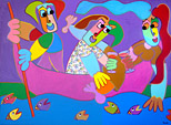 acryl schilderij waarop een gondelier twee verliefde mensen door Venetie boomt, zij proosten op hun toekomst en genieten van de vissen