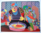 diner zeefdruk relatiegeschenk kunst familie aan tafel die met zijn allen een pan soep eten, allemaal uit de pan, interpretatie van de aardappeleters van vincent van gogh