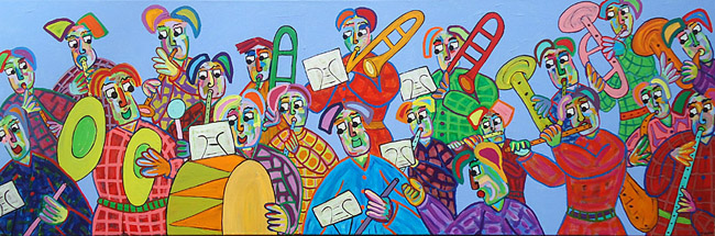 Painting Buskers by Twan de Vos, fanfare, drum, harmony, music together, saxophone, bass drum, drums, flute, trombone and more